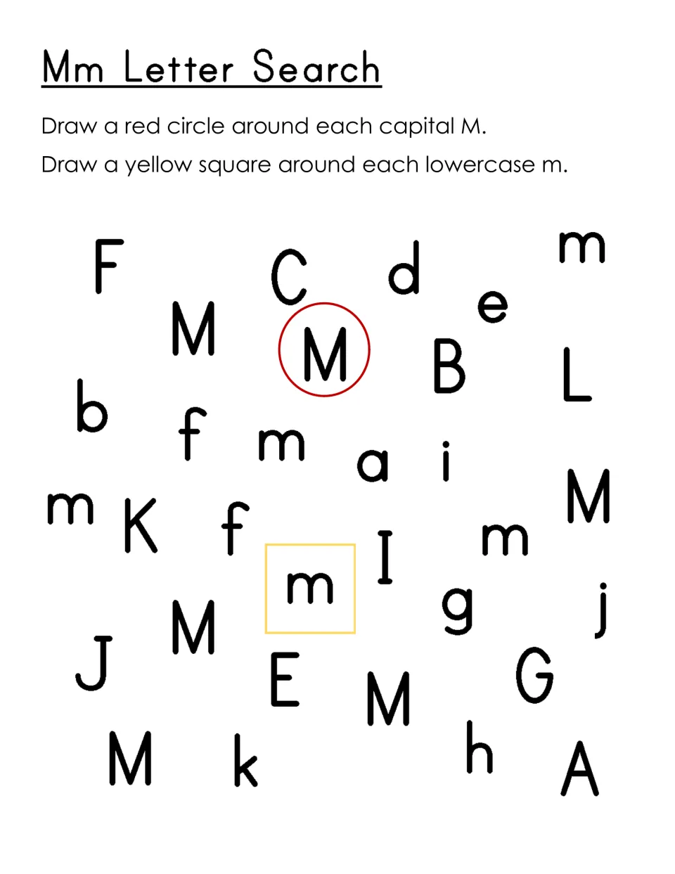 Mm letter search: children circle each capital M in red and box each lowercase m in yellow among scattered letters