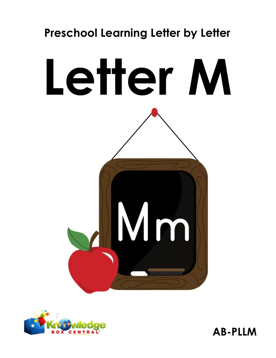 Letter M cover from Preschool Learning Letter by Letter: a chalkboard showing Mm beside a red apple, code AB-PLLM