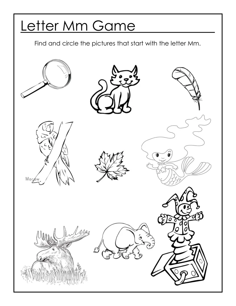 Letter Mm Game on beginning sounds: students circle the M pictures, such as moose, mermaid and macaw, among nine drawings
