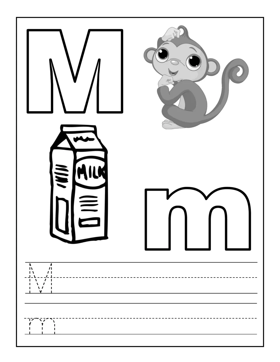 Letter M and m in bubble outline beside a monkey and milk carton, with dotted M and m for students to trace