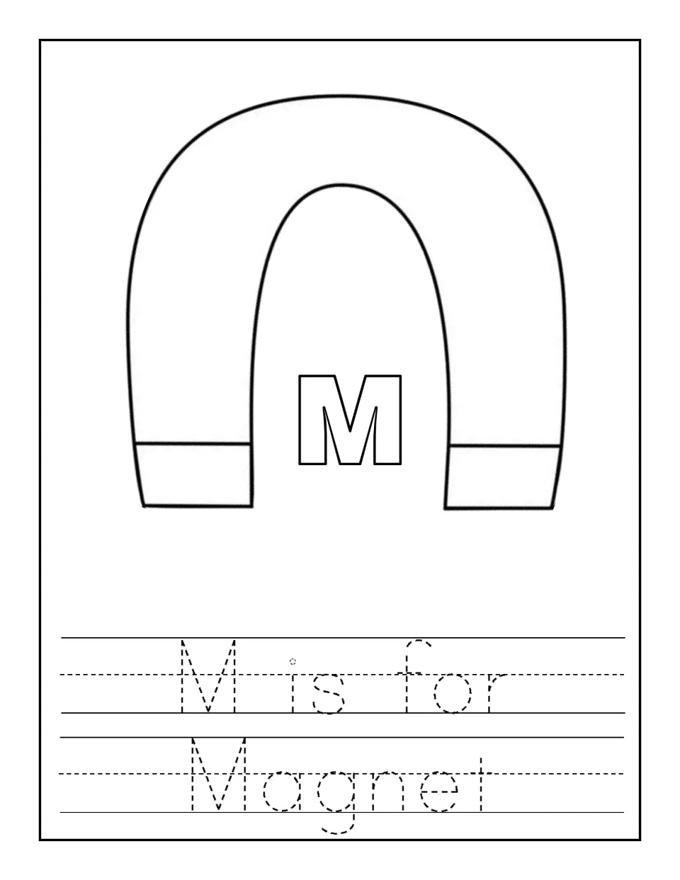 M is for Magnet: students trace the dotted sentence under a large horseshoe magnet outline marked with a bold M