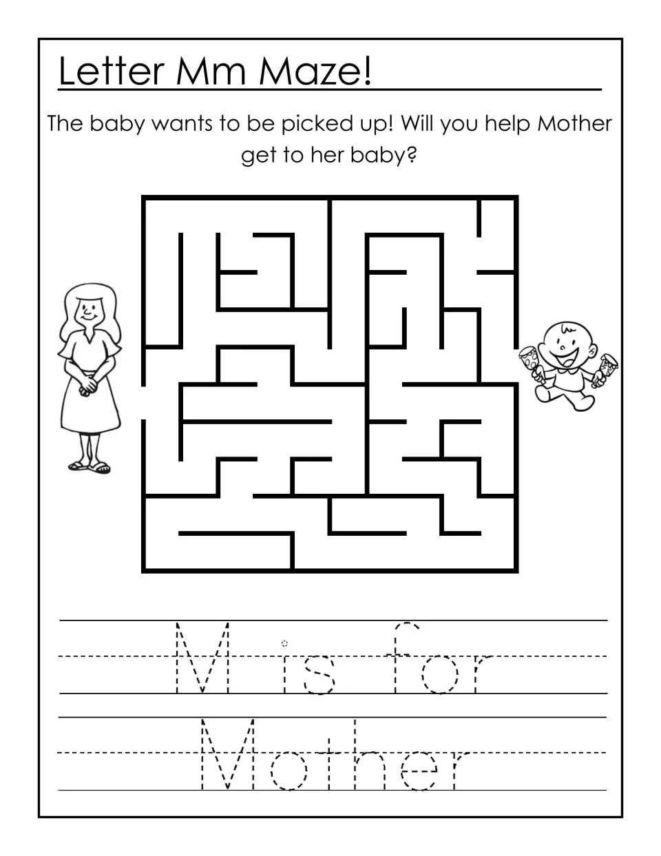 Letter Mm Maze: students guide Mother through a maze to her baby, then trace the dotted sentence 'M is for Mother'