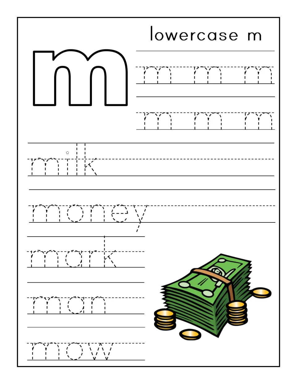 Lowercase m handwriting: students trace rows of dotted m, then the words milk, money, mark, man and mow