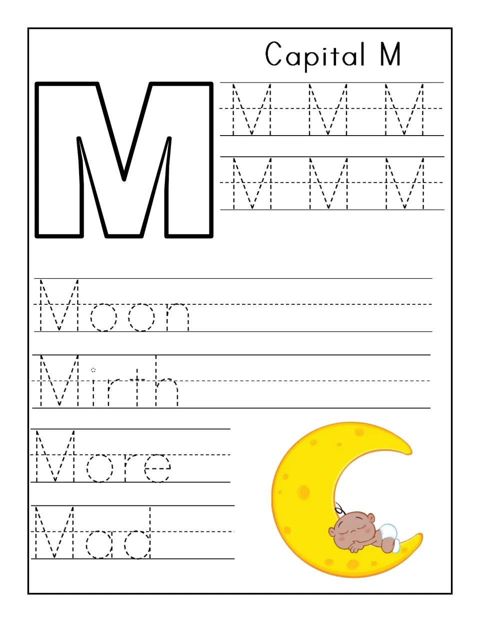 Capital M handwriting: students trace rows of dotted M, then the words Moon, Mirth, More and Mad
