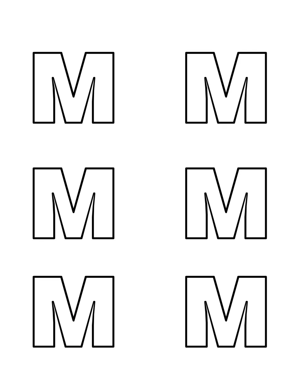 Six outlined capital M letters to cut out and hide so children can practise recognizing uppercase M during the hunt