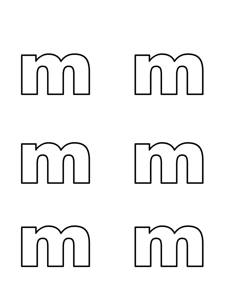 Six outlined lowercase m letters to cut out and hide so children can find and recognize lowercase m around the room