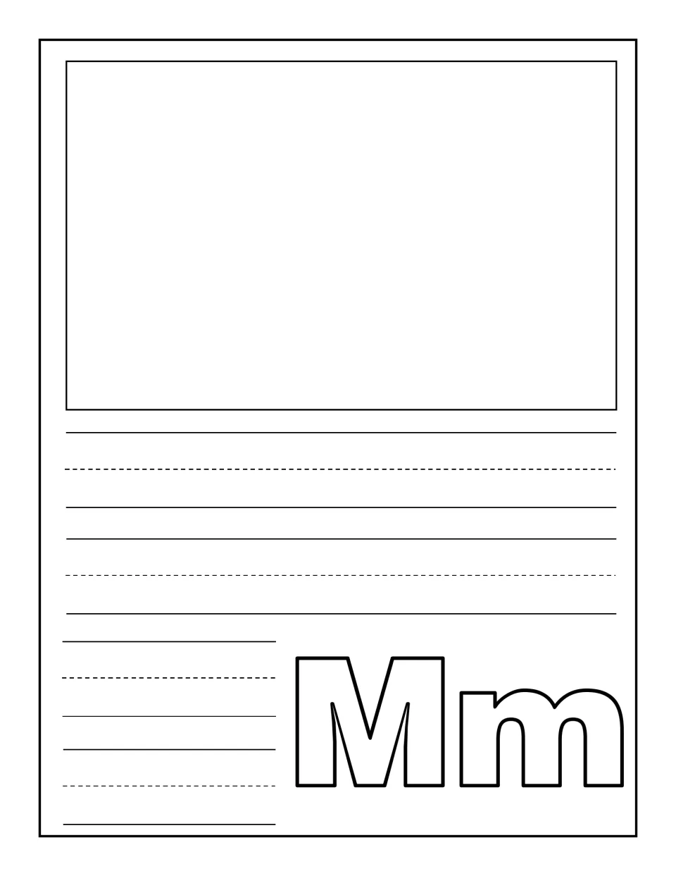 Letter Mm notebooking page: children draw or glue one M picture, then write a caption or the M word beneath it