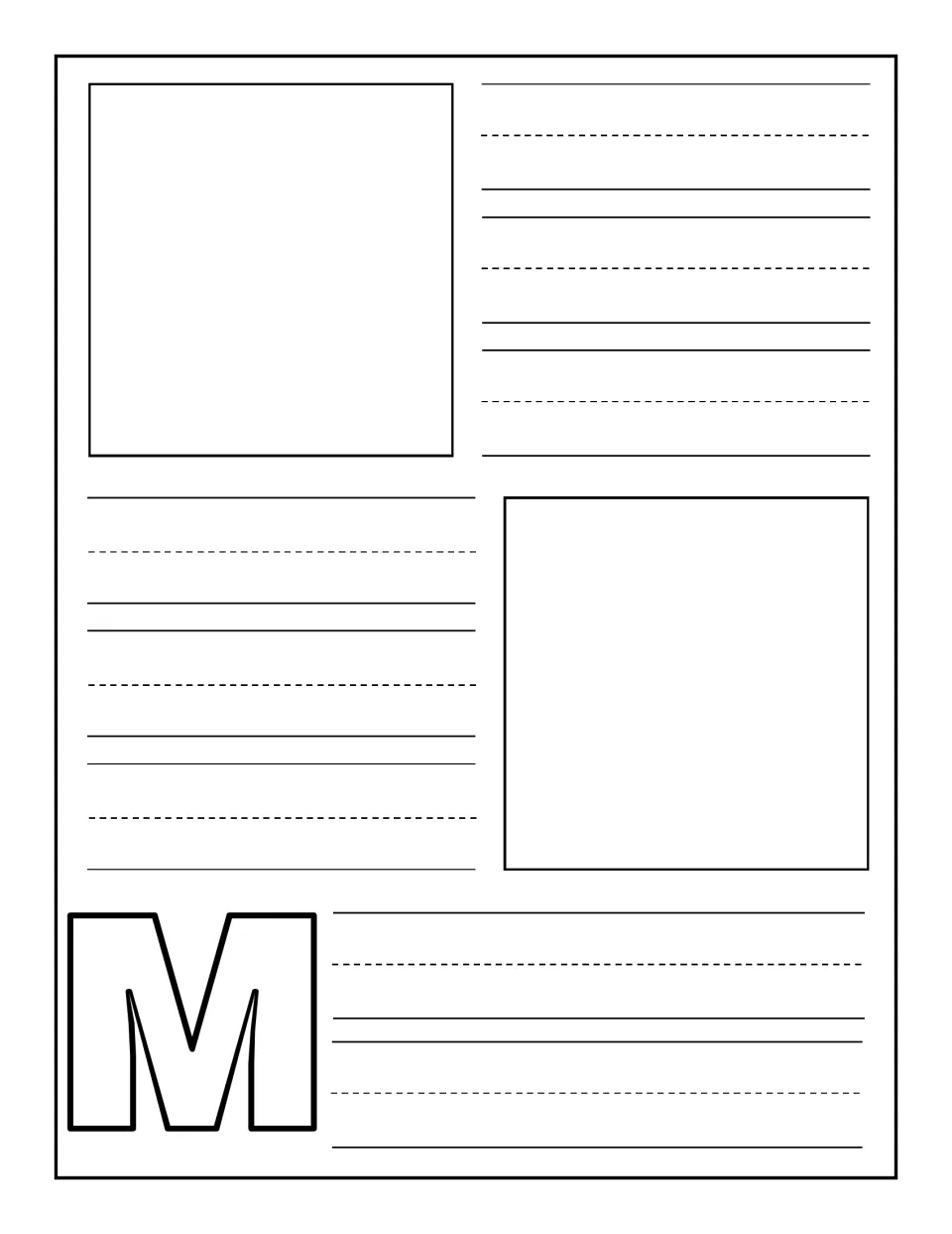 Uppercase M notebooking page: children add two pictures of things starting with M and write words beside each one