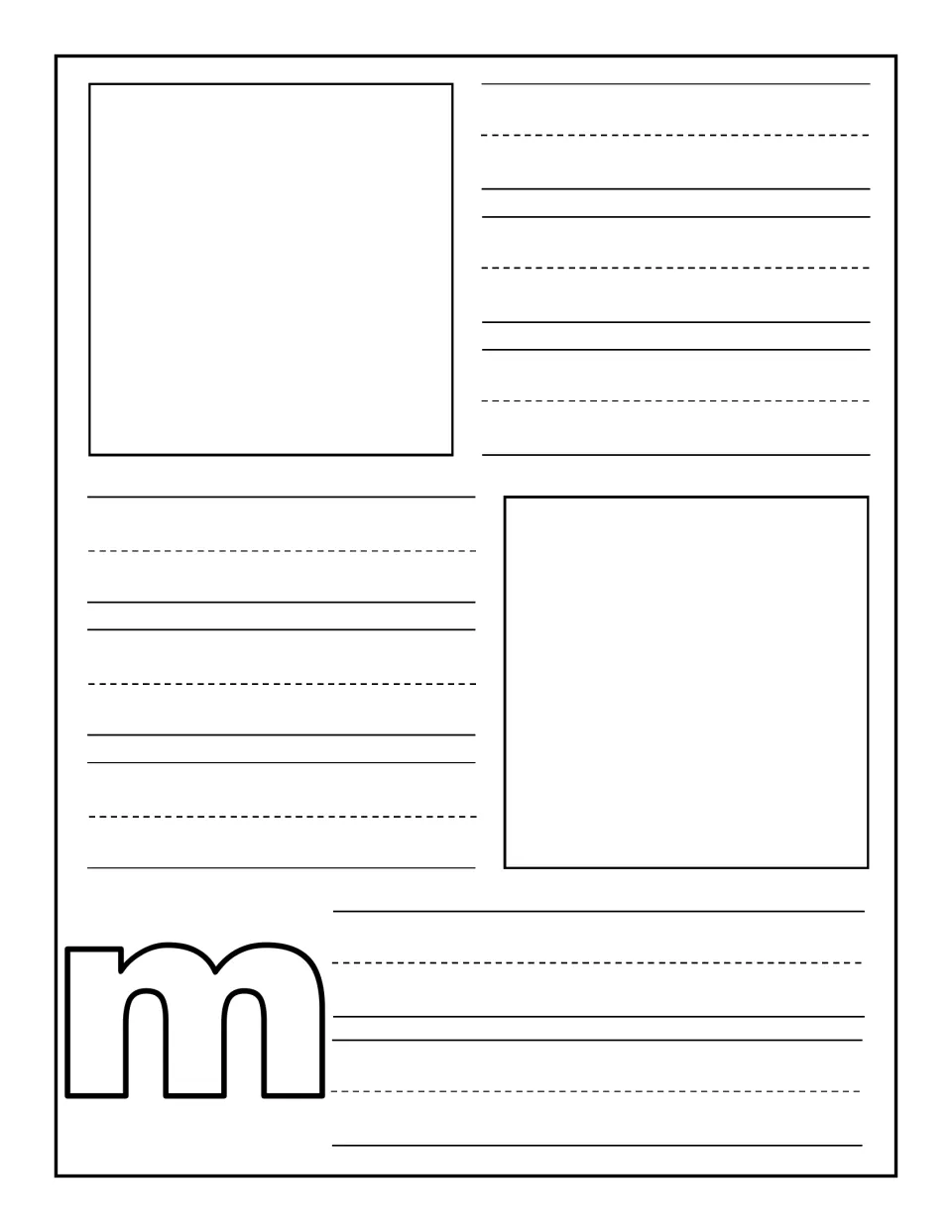 Lowercase m notebooking page: children illustrate two words beginning with m and practise writing each word