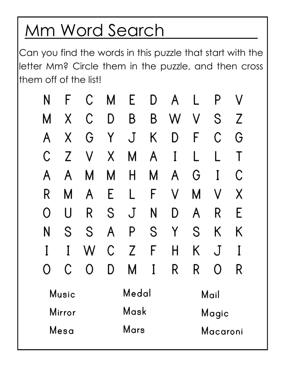 Mm word search: students circle nine M words such as music, mirror, mask, Mars and macaroni, then cross each off the list