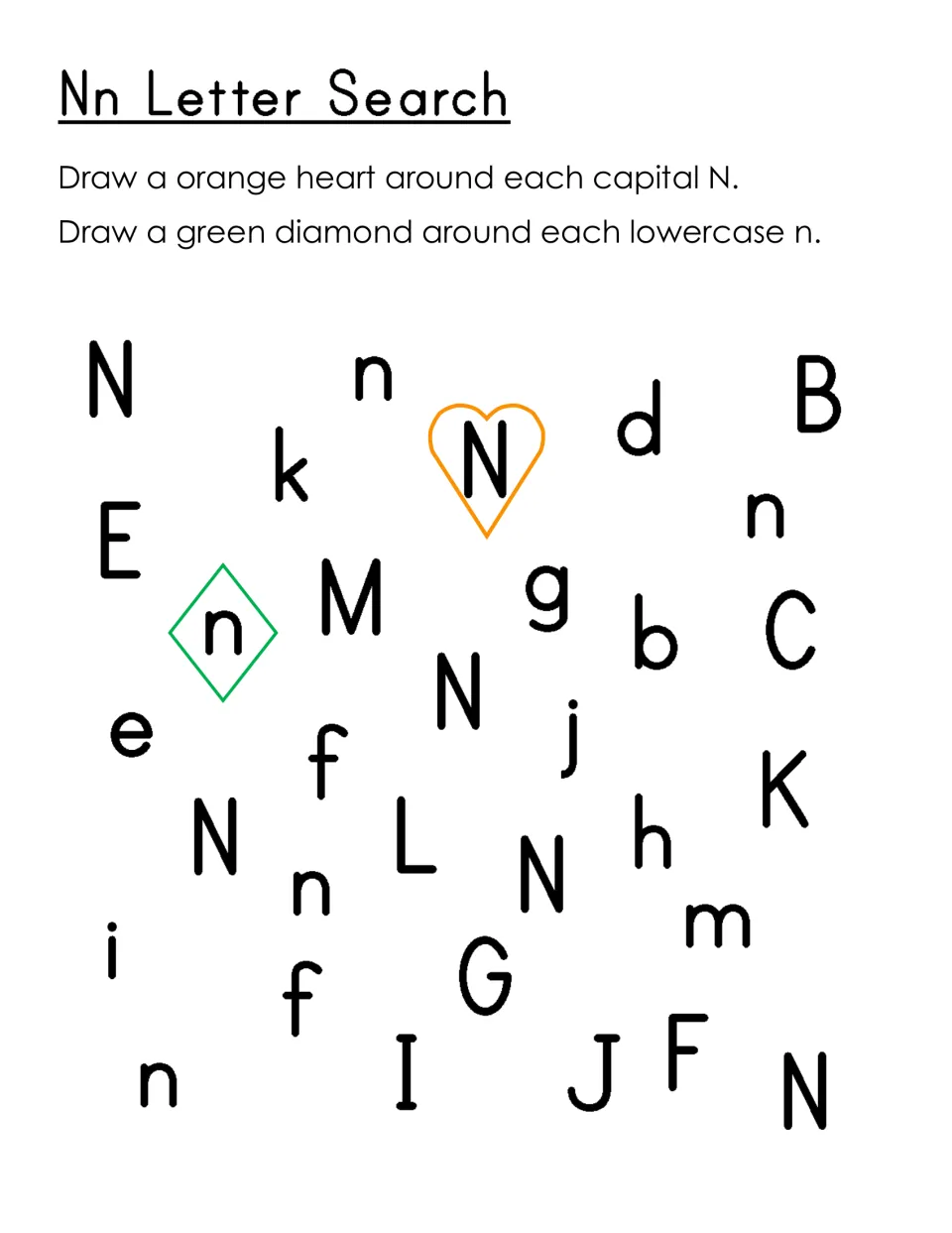 Nn Letter Search: students draw orange hearts around capital N and green diamonds around lowercase n among mixed letters