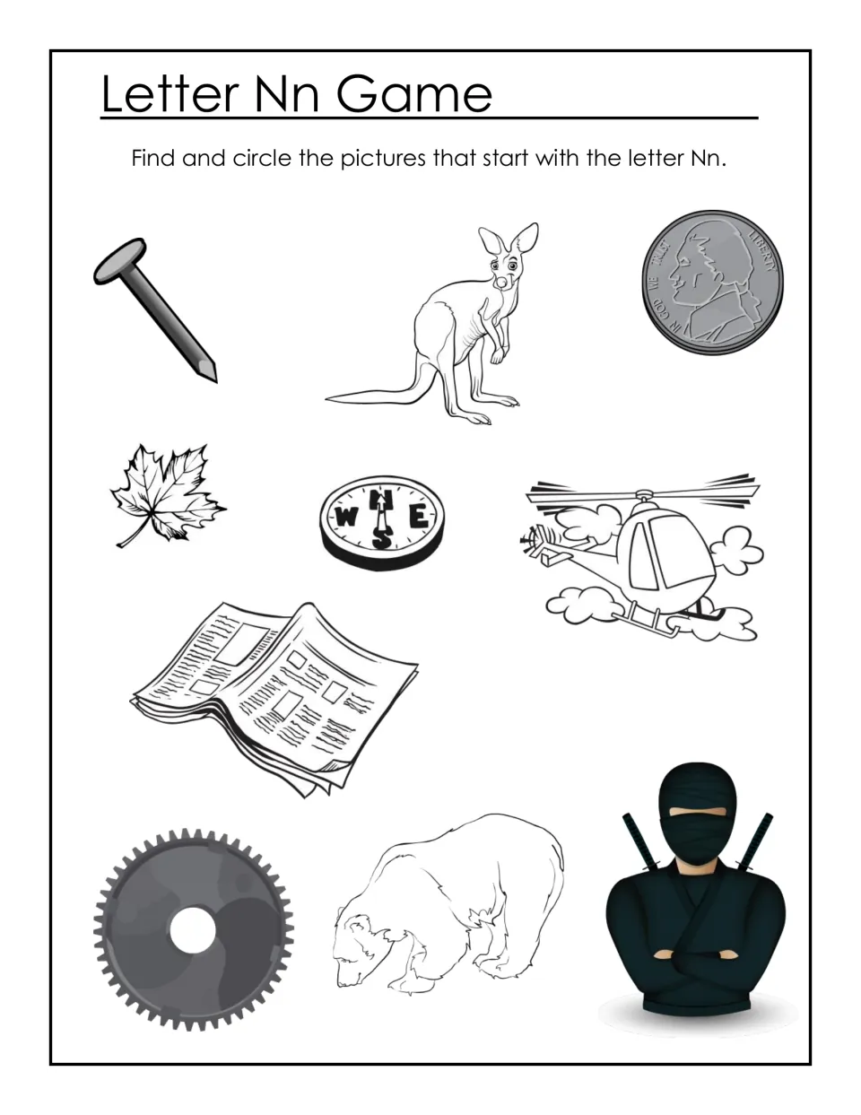 Letter Nn Game: students circle pictures starting with N, like a nail, nickel, newspaper and ninja, among other images