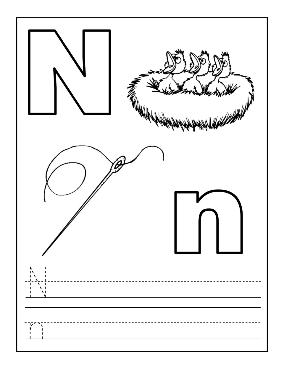 Letter N and n coloring with a nest of baby birds and a needle and thread, then tracing a row of N and a row of n