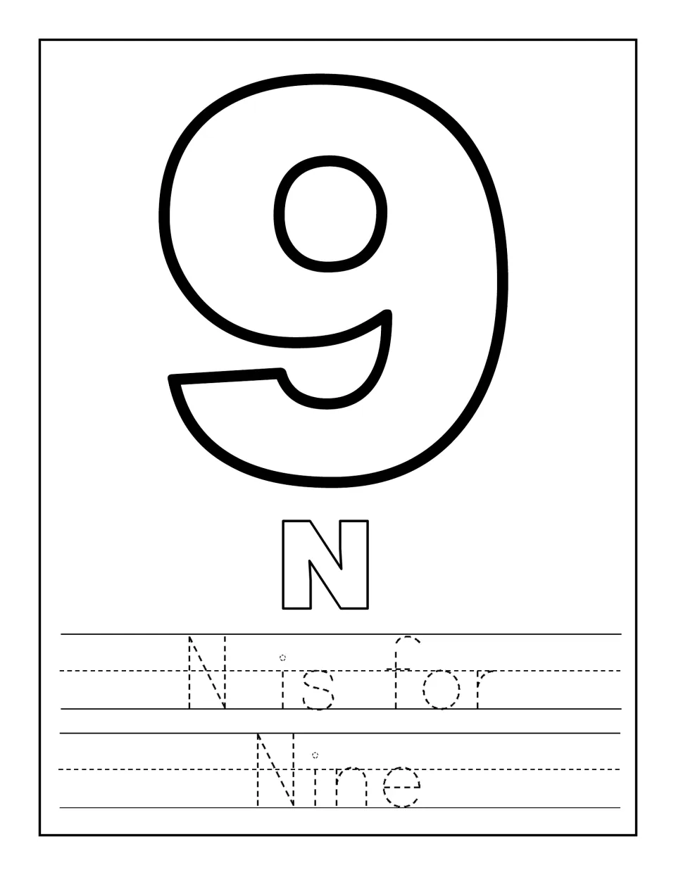 N is for nine: students color a large outlined number 9 and letter N, then trace the dashed sentence 'N is for Nine'
