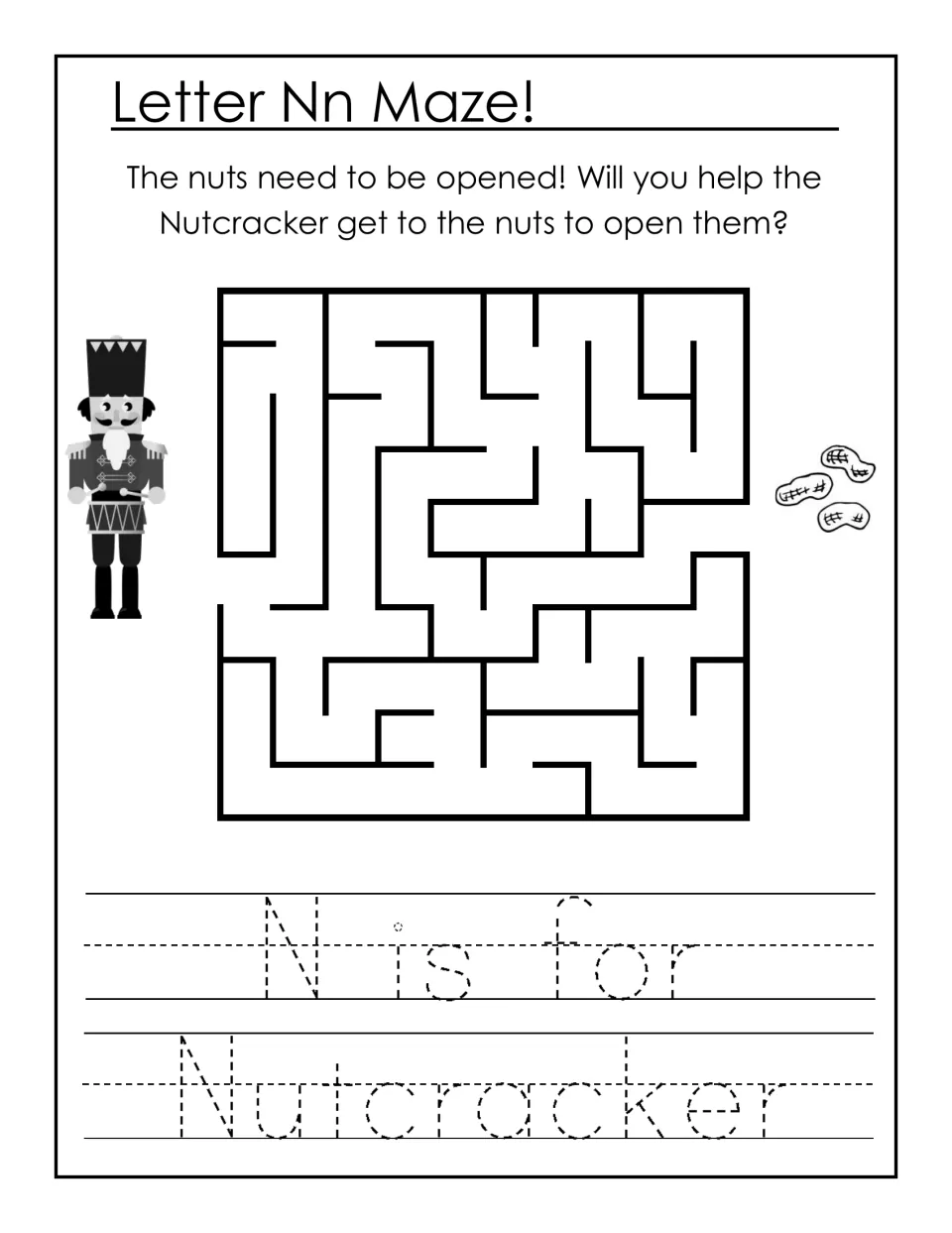 Letter Nn maze: students guide the Nutcracker through a maze to the nuts, then trace the sentence 'N is for Nutcracker'