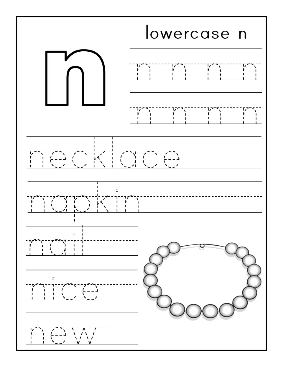 Lowercase n handwriting: students trace rows of n, then the words necklace, napkin, nail, nice and new beside pearls