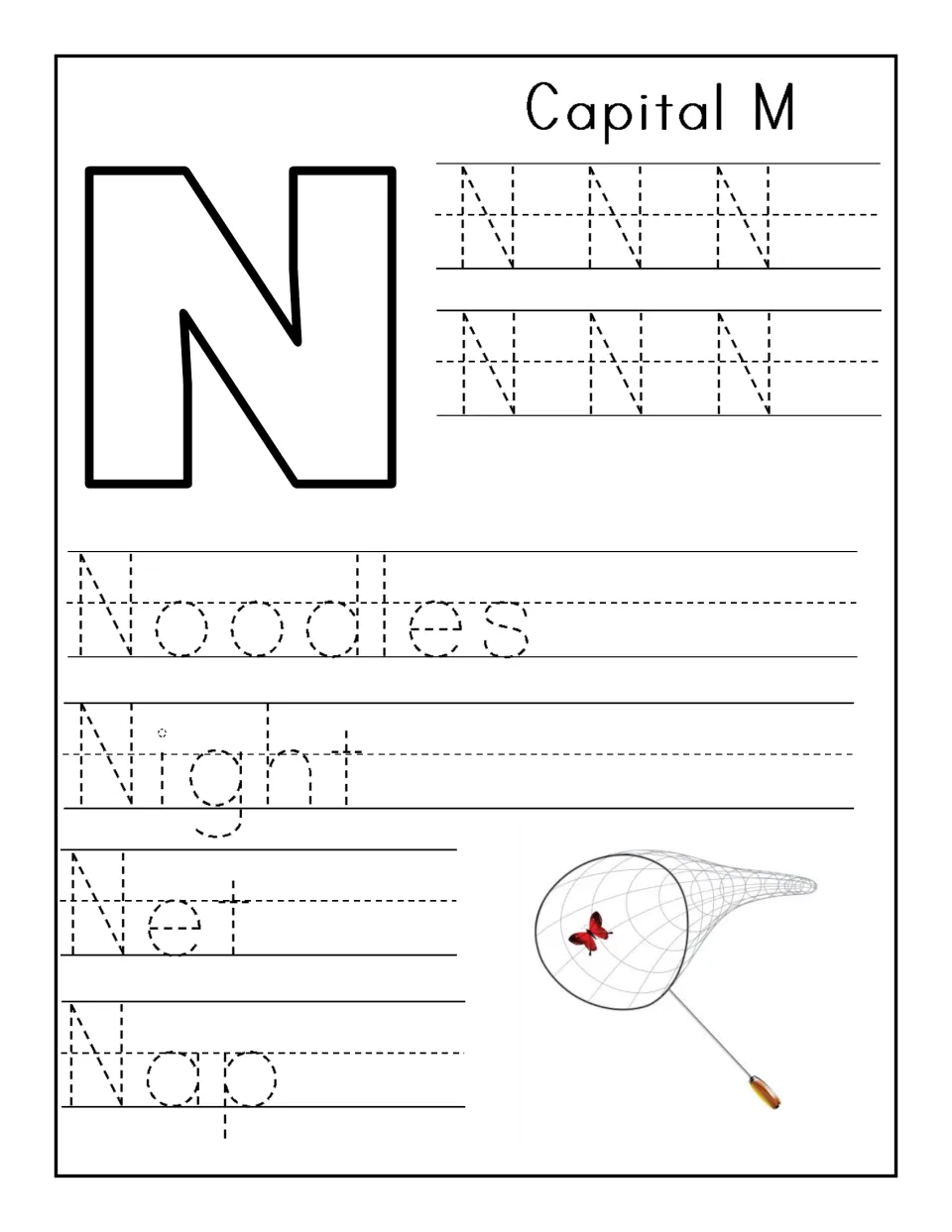 Capital N handwriting: students trace two rows of N, then the words Noodles, Night, Net and Nap beside a butterfly net