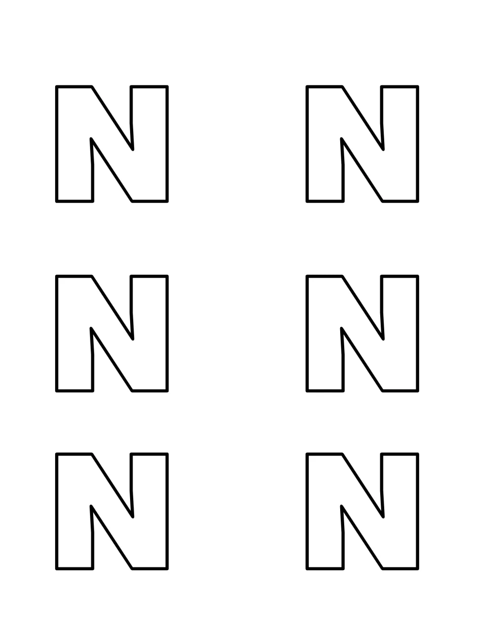 Capital N cut-outs: six outlined uppercase N letters to print on card stock, cut out and hide for children to find