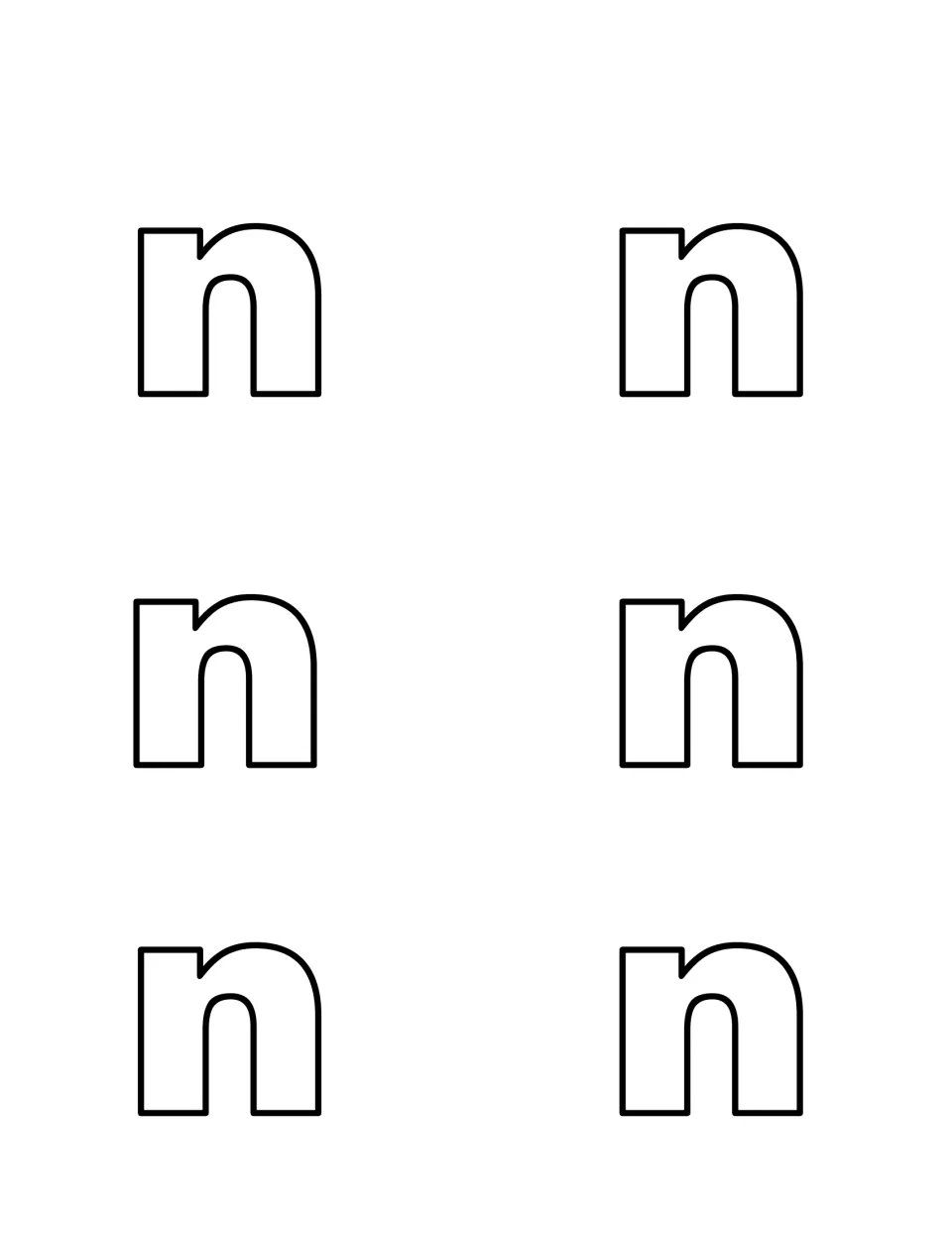 Lowercase n cut-outs: six outlined n letters to hide around the house so children practise telling n apart from capital N