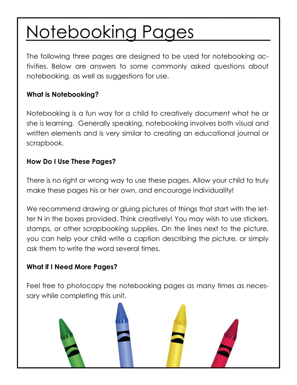 Notebooking Pages guide: what notebooking is, how to draw or glue pictures of N words and write captions or the word