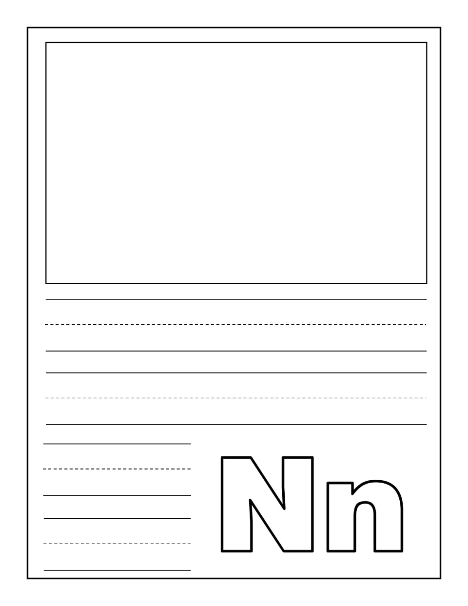 Letter Nn notebooking page: children draw or glue one large N picture and write a caption, with outlined Nn