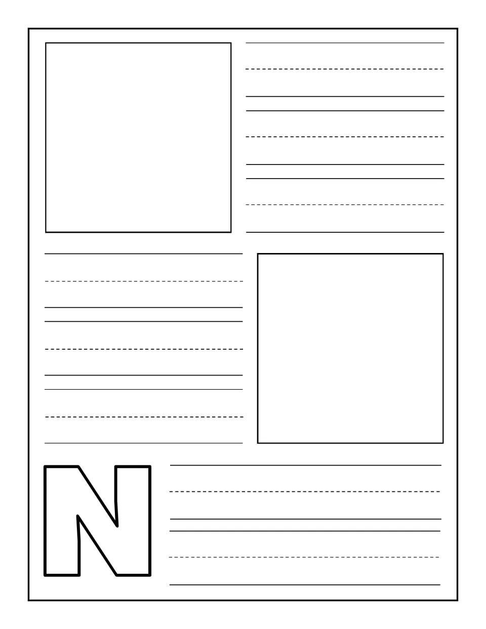 Uppercase N notebooking page: children add two pictures of things starting with N and write words for each one