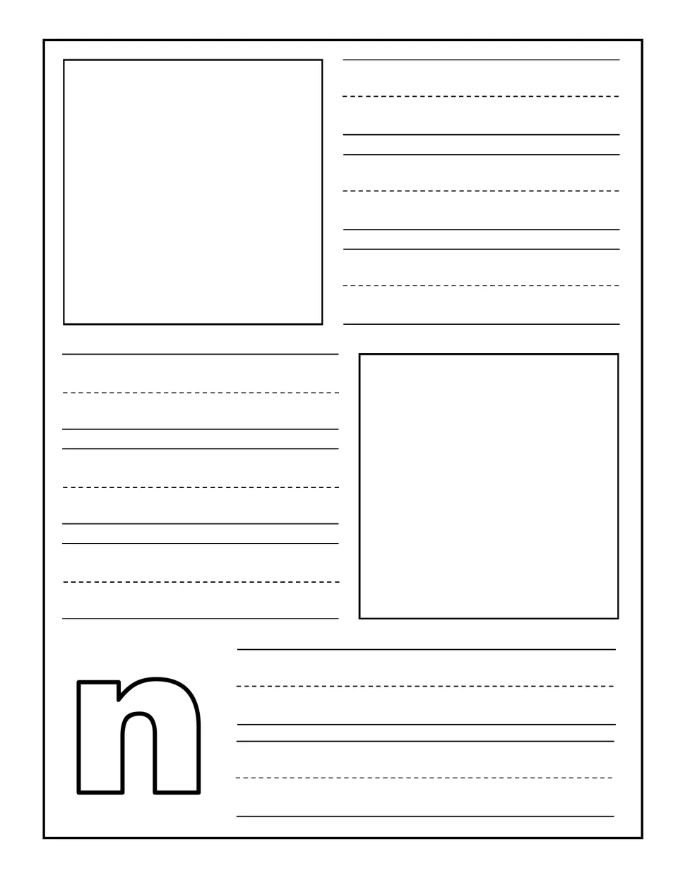 Lowercase n notebooking page: children draw or glue two N pictures and practice writing the matching words beside them