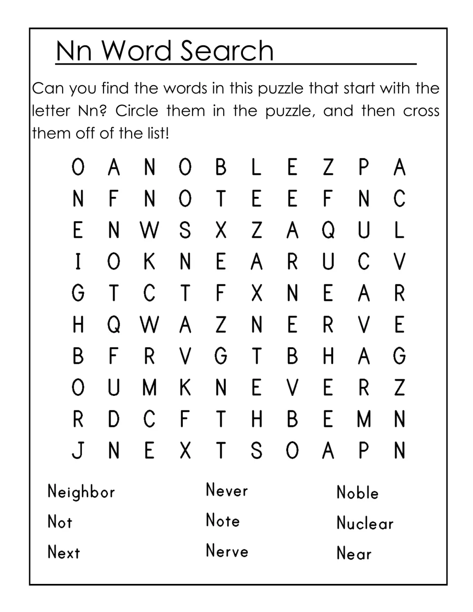 Nn word search: students circle 9 N words such as neighbor, never, noble, next and near, then cross each off the list