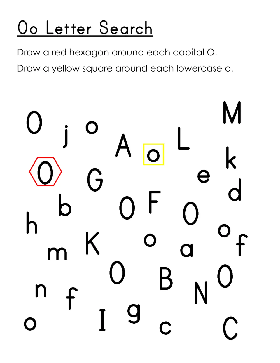 Oo letter search: students draw a red hexagon around each capital O and a yellow square around each lowercase o