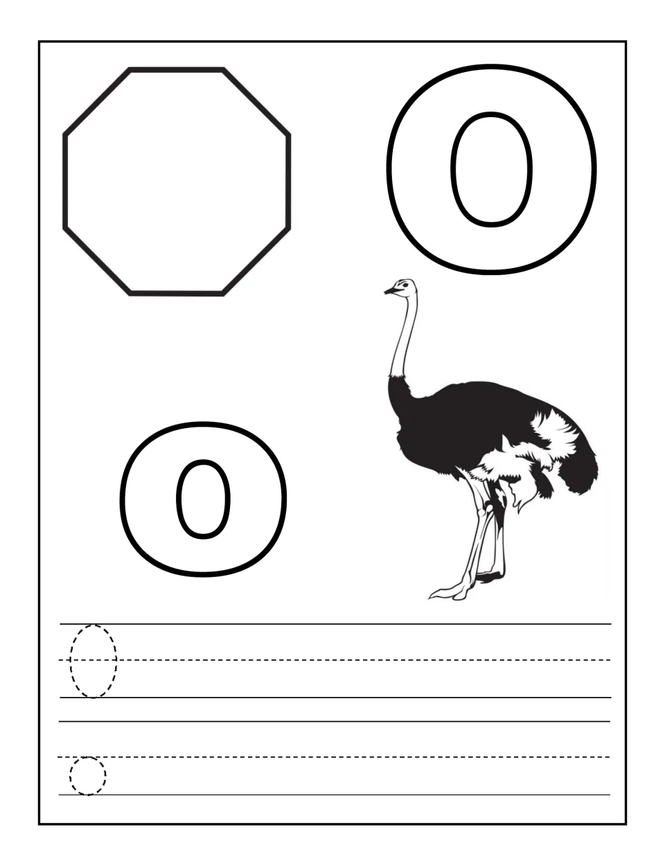 Letter O coloring and tracing: octagon, ostrich and bubble O and o to color, then dotted capital O and lowercase o to trace