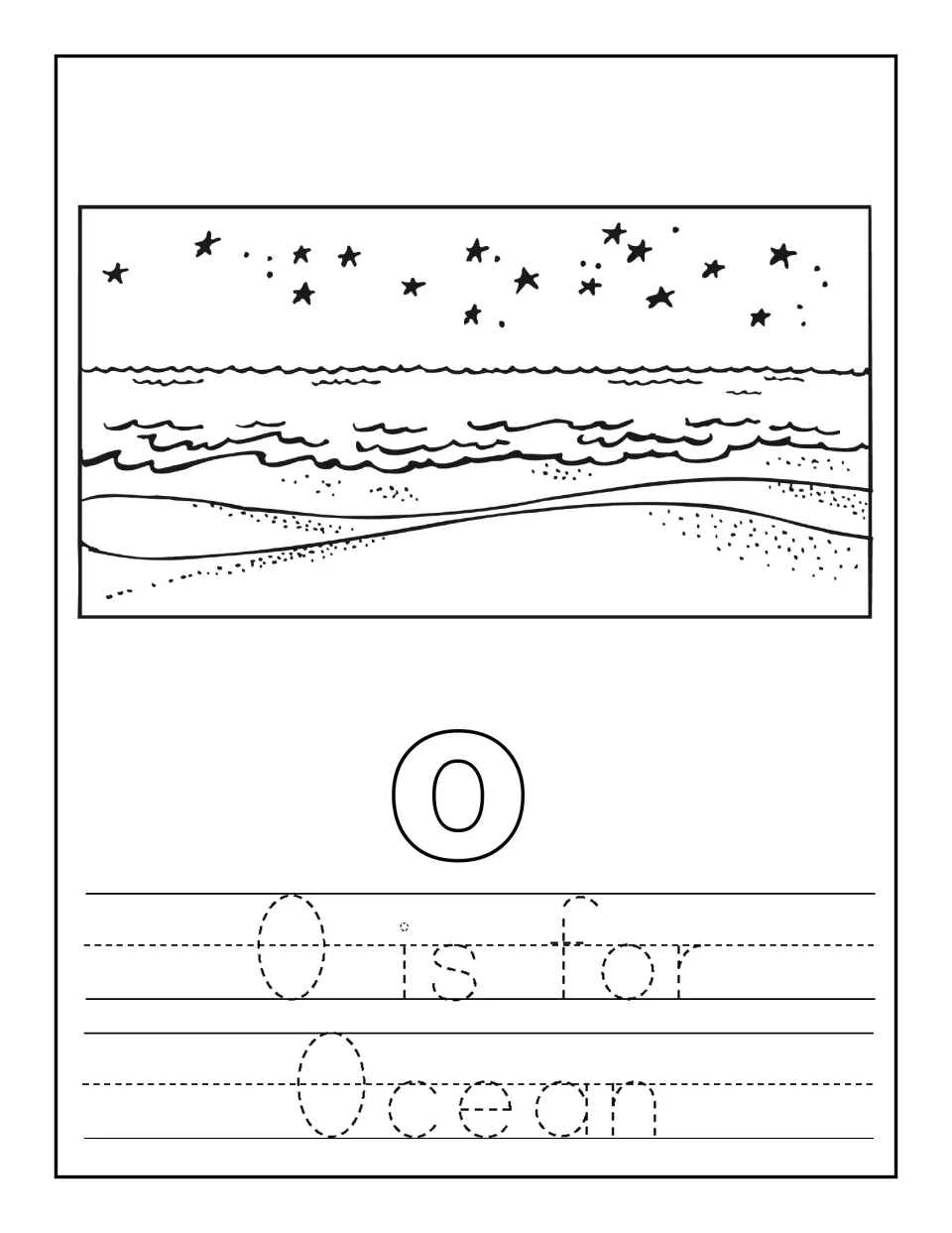 O is for ocean: students color a starry night beach scene and a bubble o, then trace the dotted sentence 'O is for Ocean'