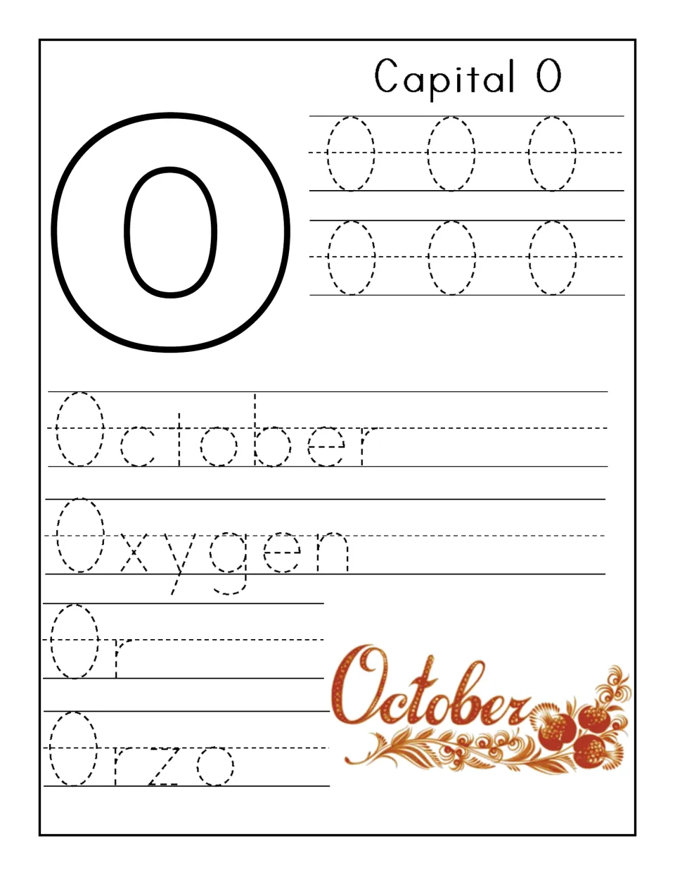 Capital O handwriting: students trace six dotted O's, then the words October, Oxygen, Or and Orzo by an October label