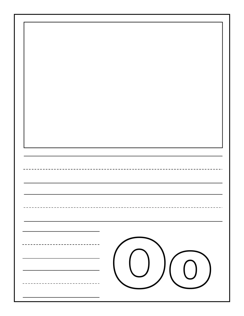 Letter Oo journal page: children draw or glue a picture of an O word, then write a caption or the word on handwriting guides