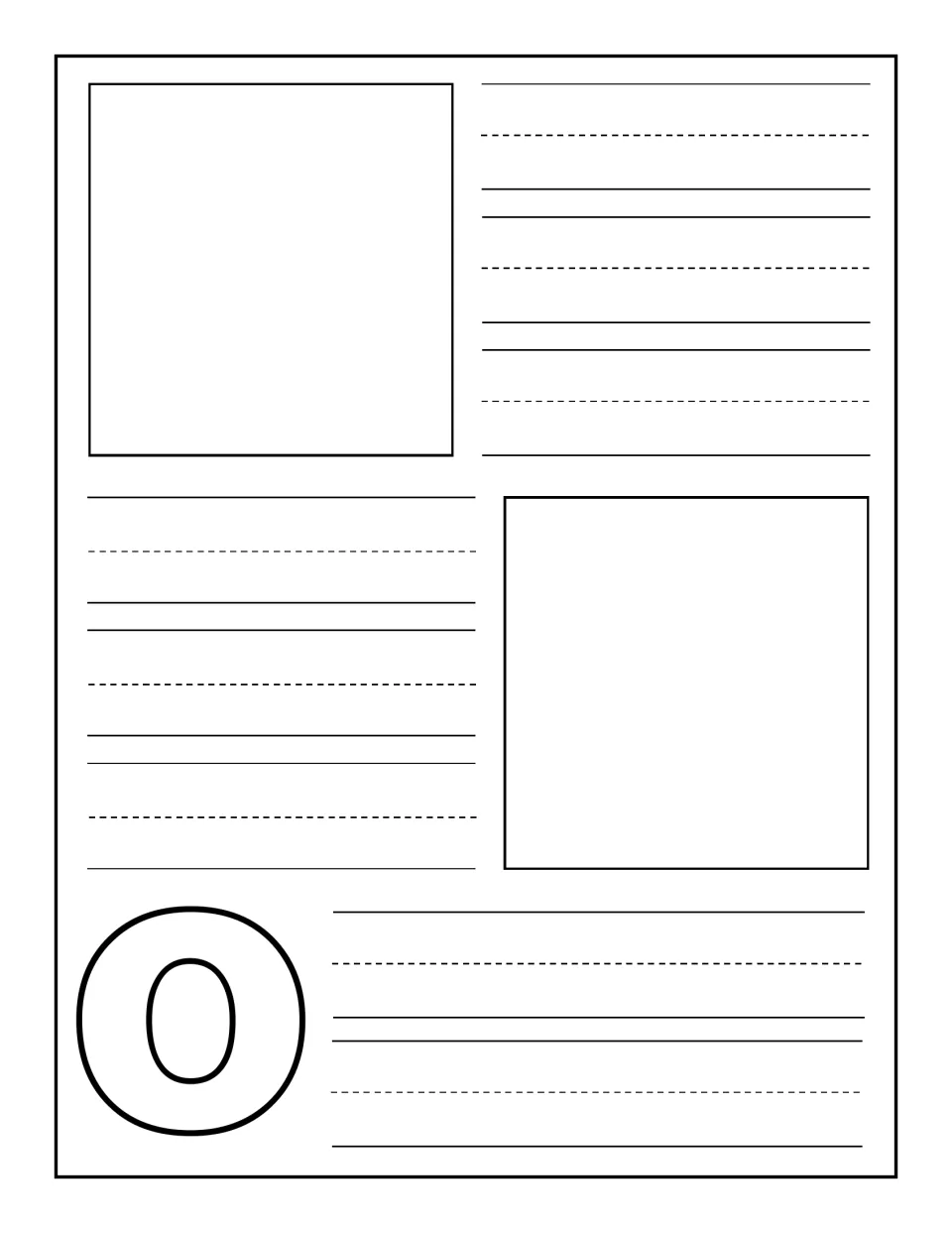 Uppercase O journal page: children draw two pictures of O things and write captions or words on handwriting guides