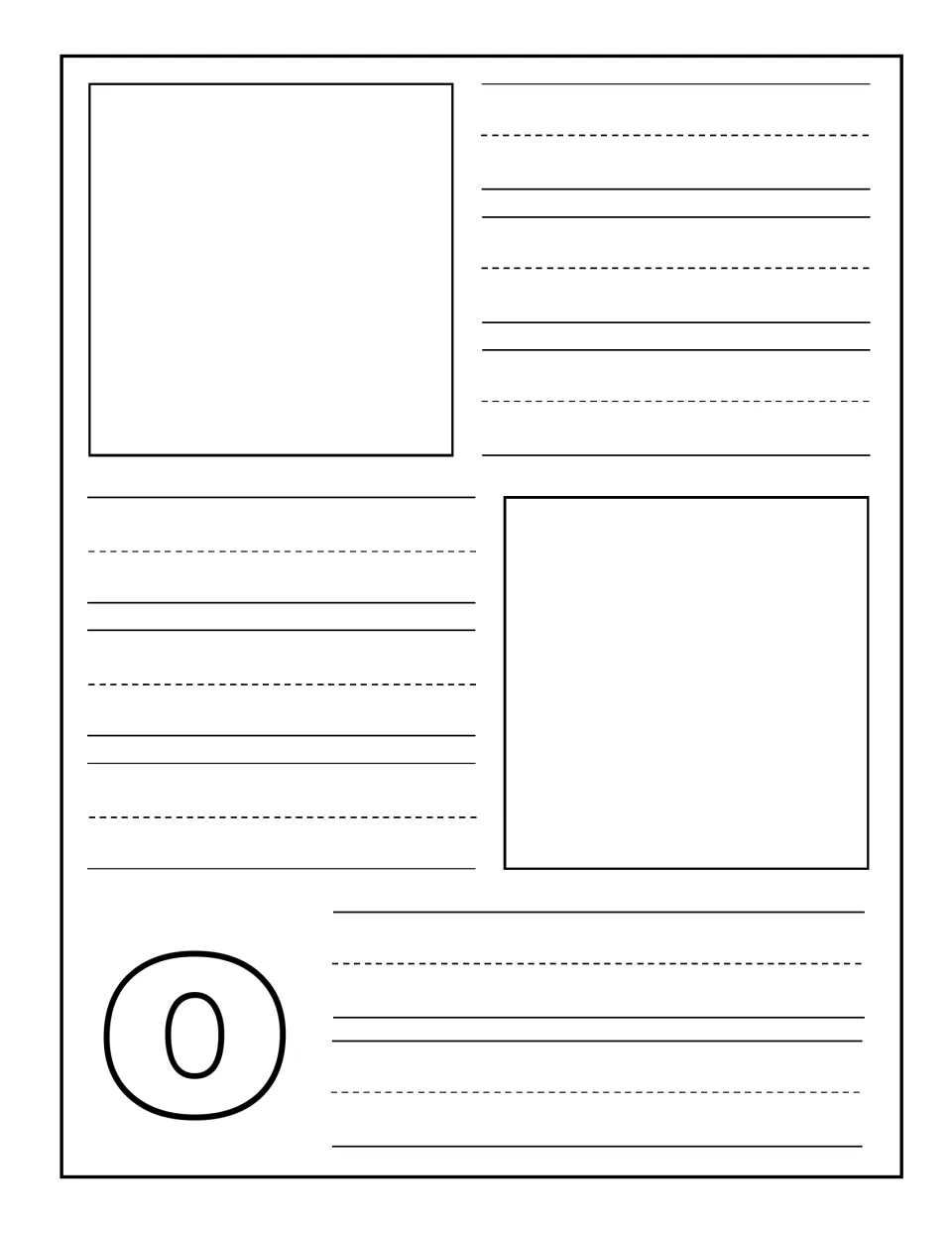 Lowercase o journal page: children draw two O-word pictures and practise writing a caption or the word on handwriting guides