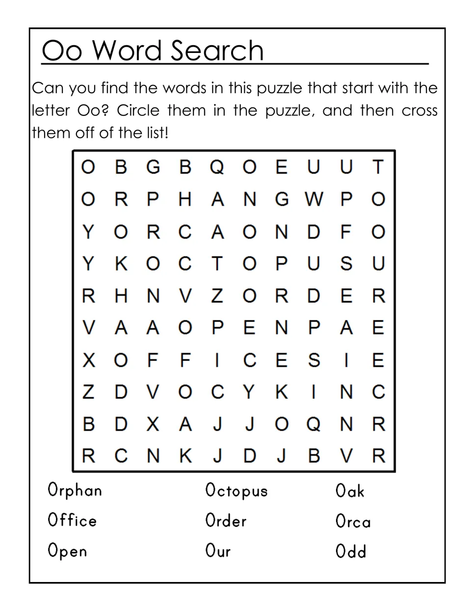 Oo Word Search: students circle 9 words starting with O, like octopus, orca, oak and office, then cross them off the list