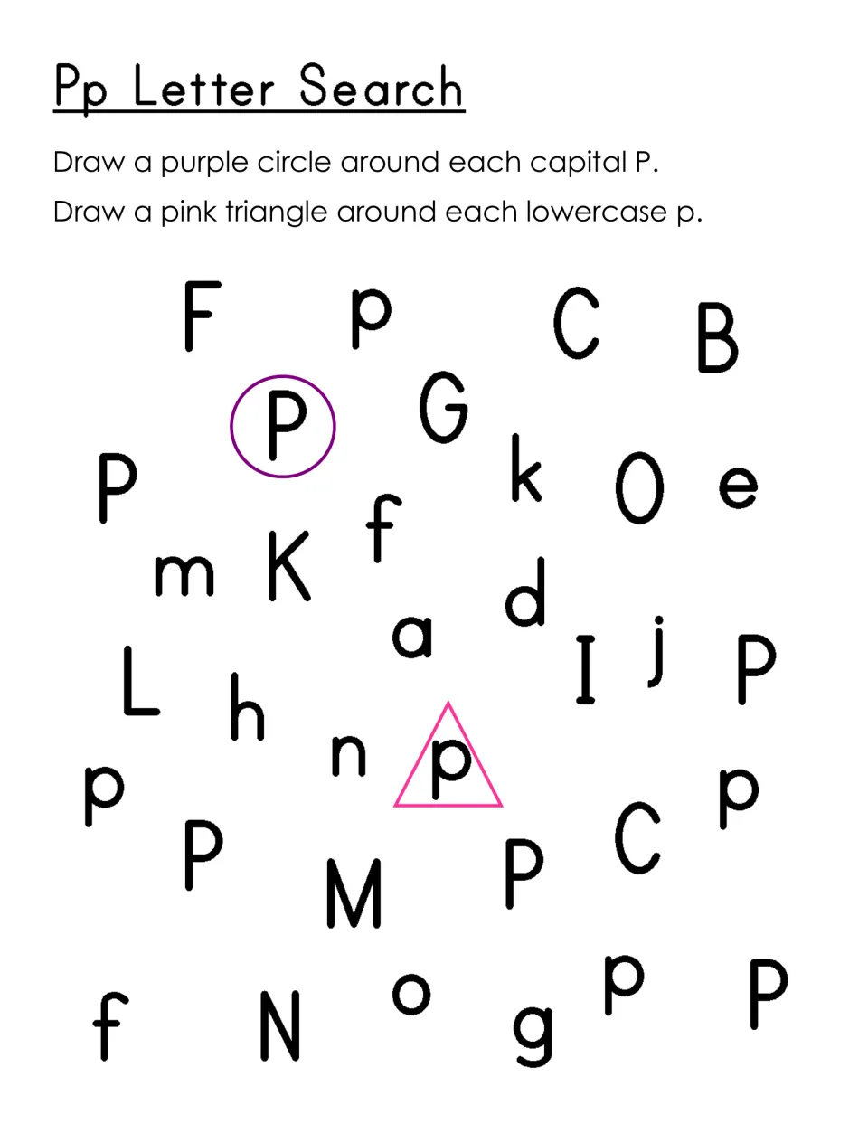 Pp Letter Search: students draw purple circles around capital P and pink triangles around lowercase p among mixed letters