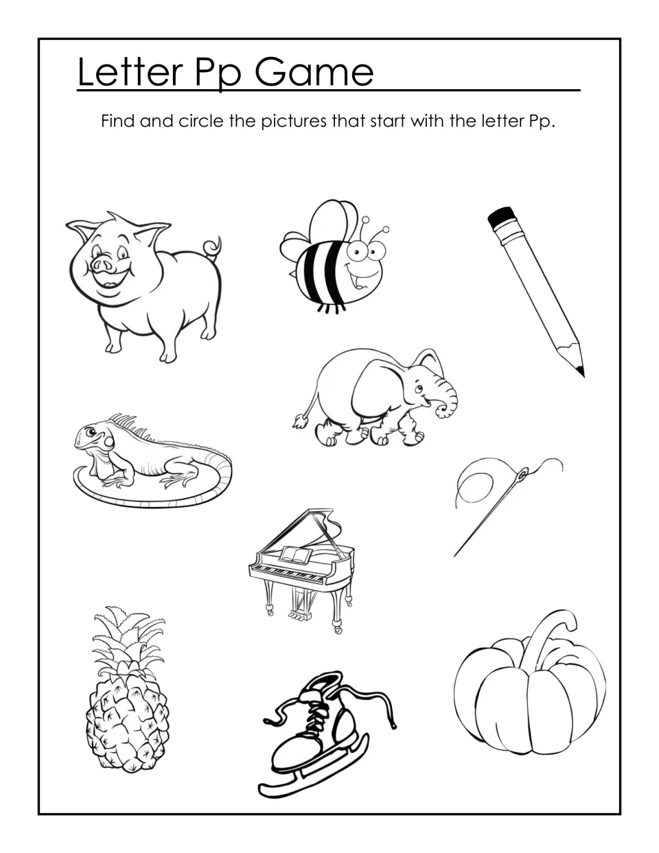 Letter Pp Game: beginning sounds, students circle P pictures such as pig, pencil, piano, pineapple and pumpkin