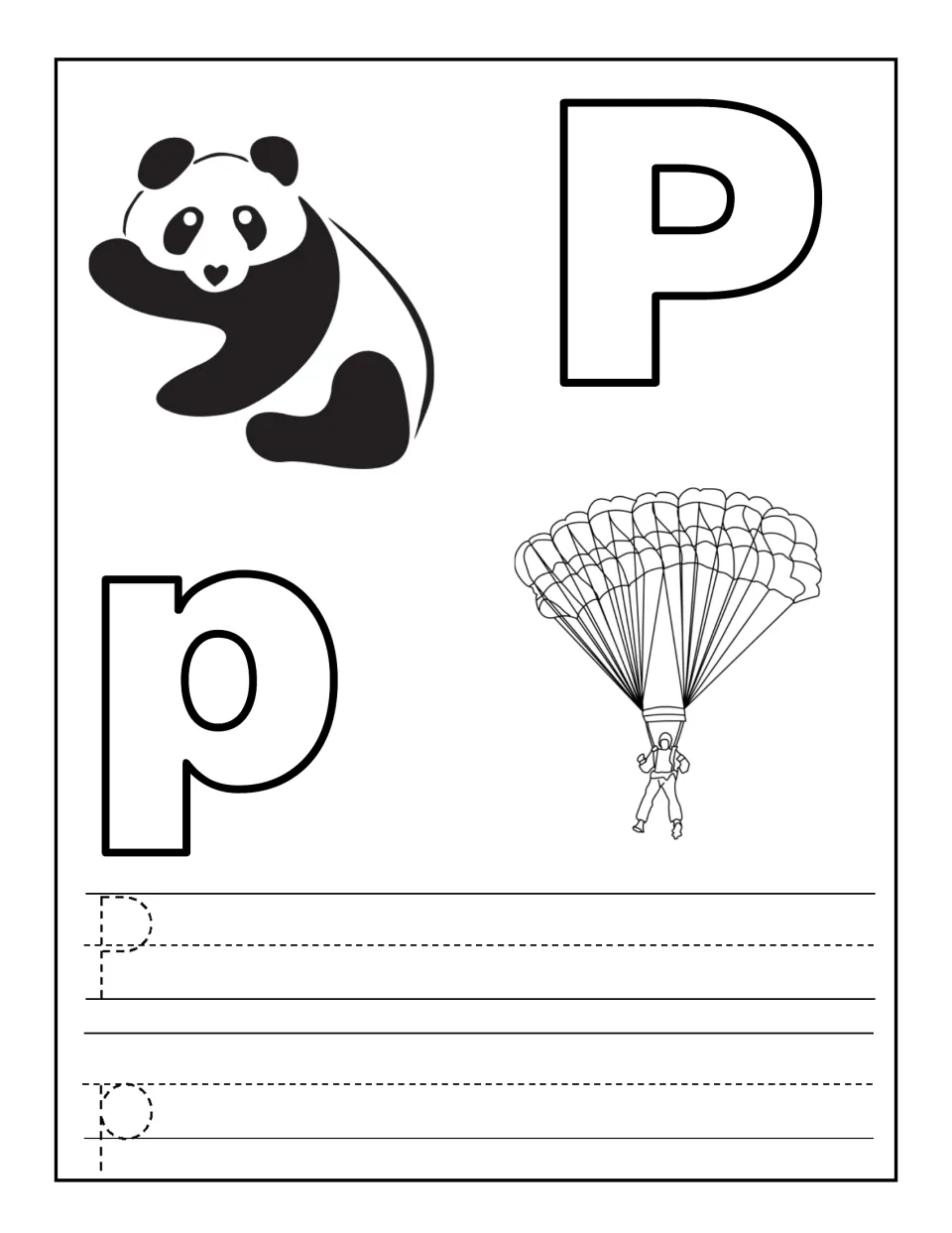 Letter P with a panda and a parachute: students trace dotted uppercase P and lowercase p, then write them on their own