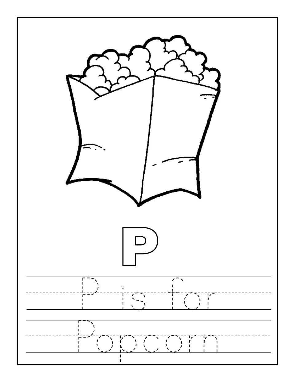 Popcorn bag picture with an outline P: students trace the dotted sentence 'P is for Popcorn' to practise letter P