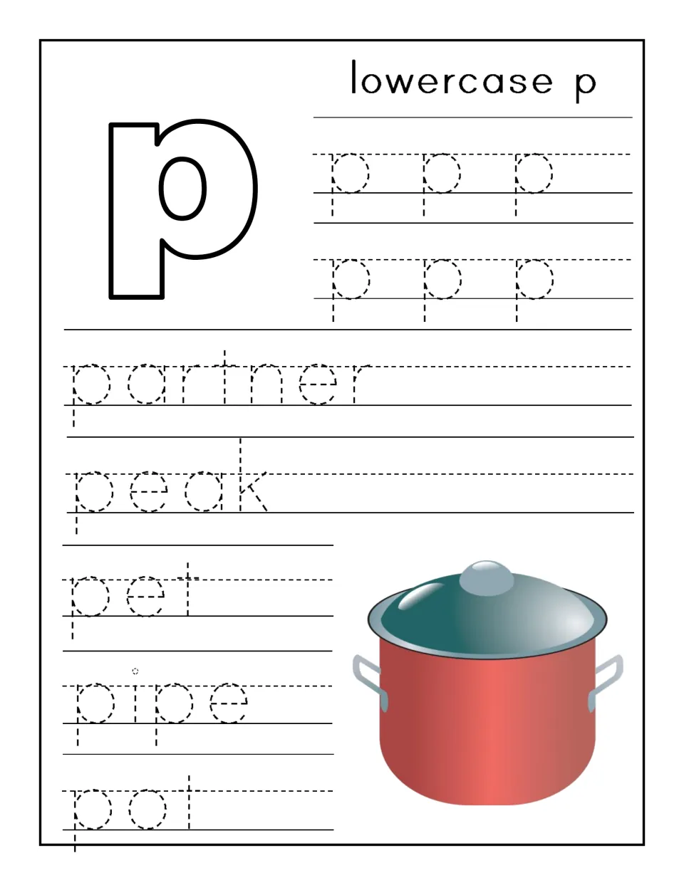 Lowercase p handwriting: students trace rows of dotted p, then trace the words partner, peak, pet, pipe and pot