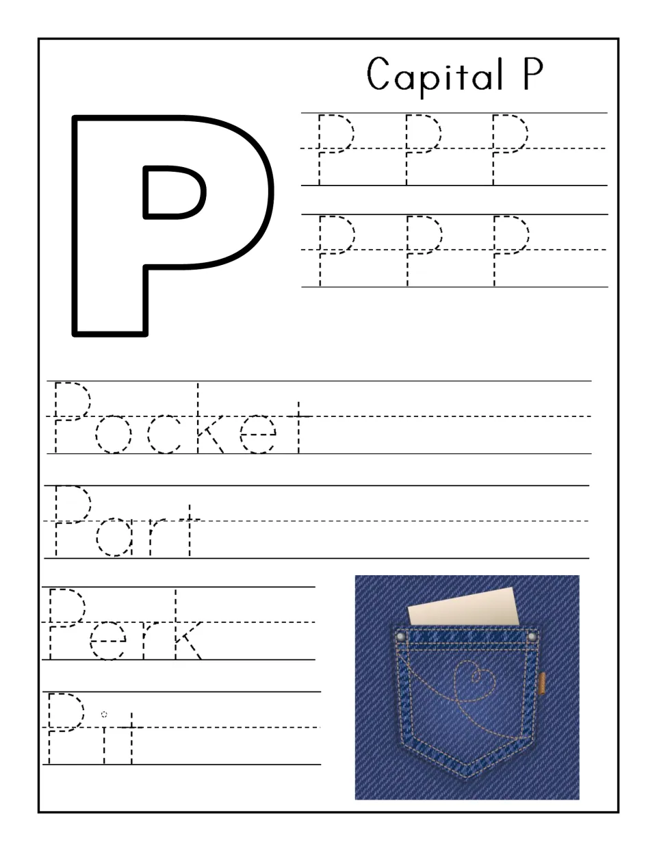 Capital P handwriting: students trace rows of dotted P, then trace the words Pocket, Part, Perk and Pit