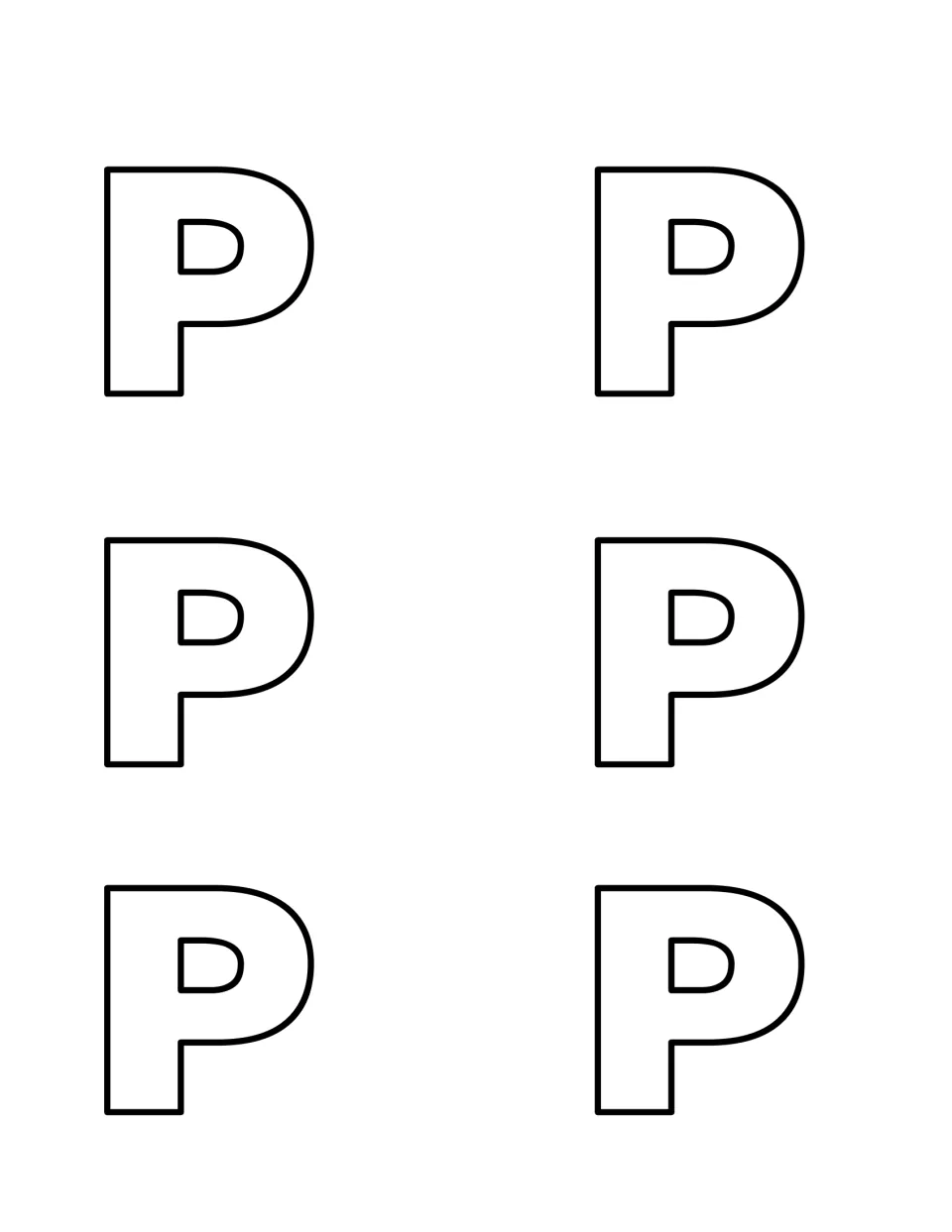 Six outlined capital P letters for children to cut out, hide and find in the letter P hide-and-seek game