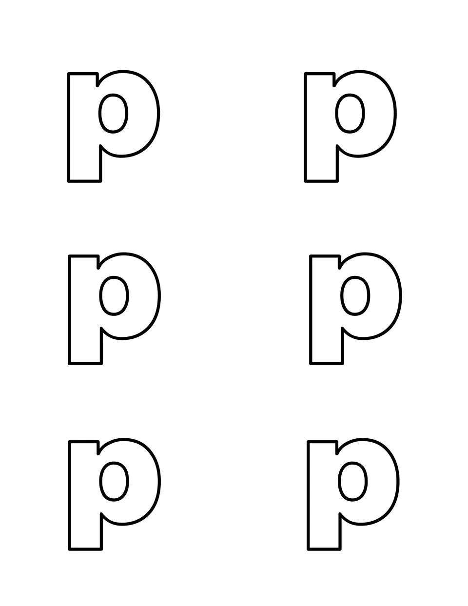 Six outlined lowercase p letters to cut out and hide, so children can search for and recognize the small letter p
