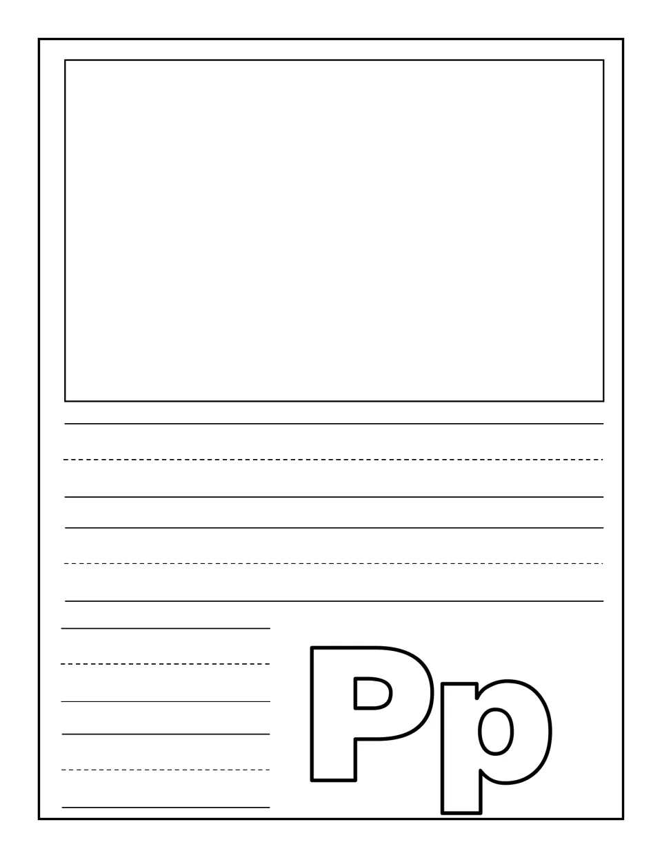 Letter Pp journal page: children draw or glue one picture of something starting with P, then write a caption or the word