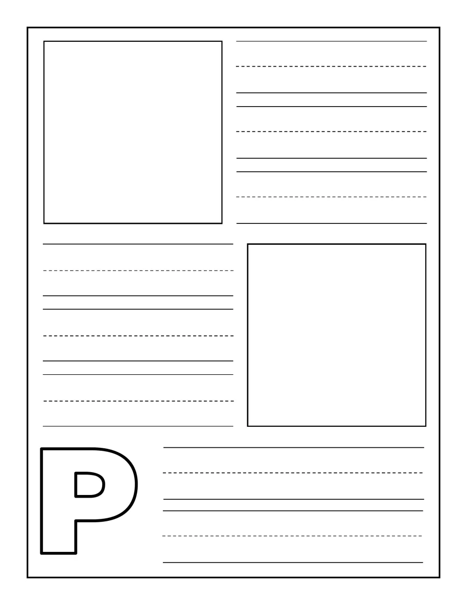 Uppercase P journal page: children draw or glue two pictures of P words and write a caption or word beside each one