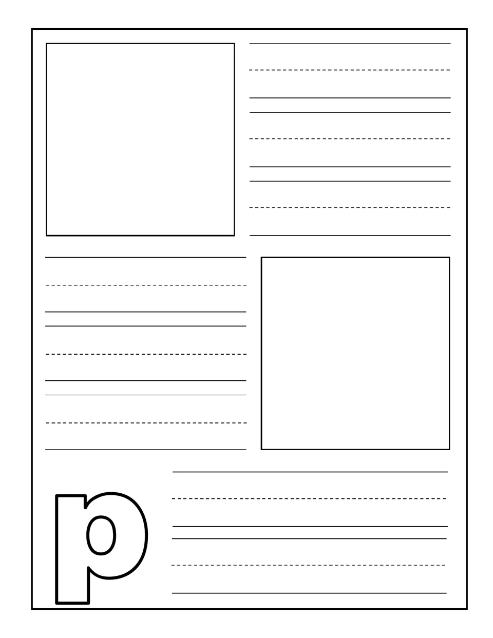 Lowercase p journal page: children add two pictures of things beginning with p and practise writing the matching words