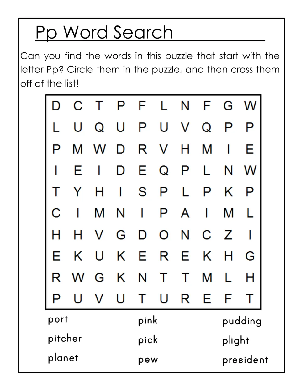 Pp word search: students circle nine P words such as port, pink, pudding, planet and president, then cross each off