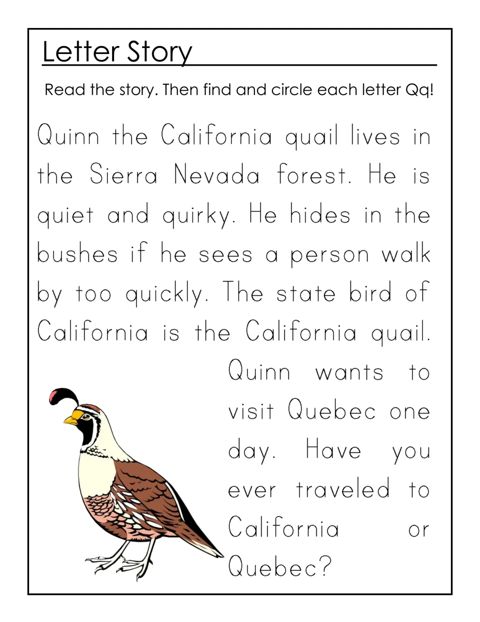 Letter Q story about Quinn the California quail: students read along, then find and circle every capital Q and lowercase q