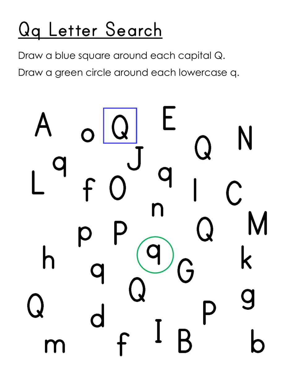 Qq letter search: students draw a blue square around each capital Q and a green circle around each lowercase q